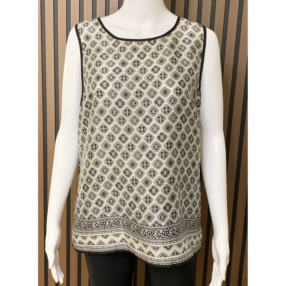 Talbots Petite Black White Geometric Medallion Sleeveless Shell Blouse LP